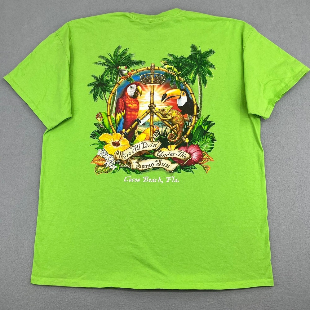 Ron Jon Surf Shop Cocoa Beach Mens XL Lime Green Tropical Peace Graphic T-Shirt